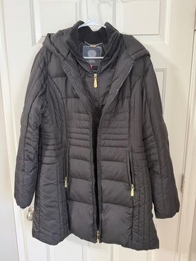 Vince Camuto Black Quilted Hooded Puffer Mid Length Double Zip Up Coat
